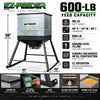 600-lb. EZ Broadcast Feeder specifications graphic showing 600-lb capacity, 56-inch height, 43-inch width, 49-inch length, and 105-pound empty weight