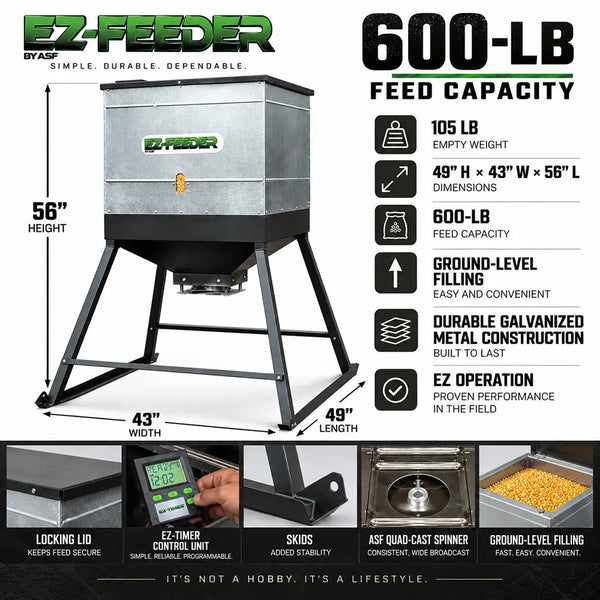 600-lb. EZ Broadcast Feeder specifications graphic showing 600-lb capacity, 56-inch height, 43-inch width, 49-inch length, and 105-pound empty weight